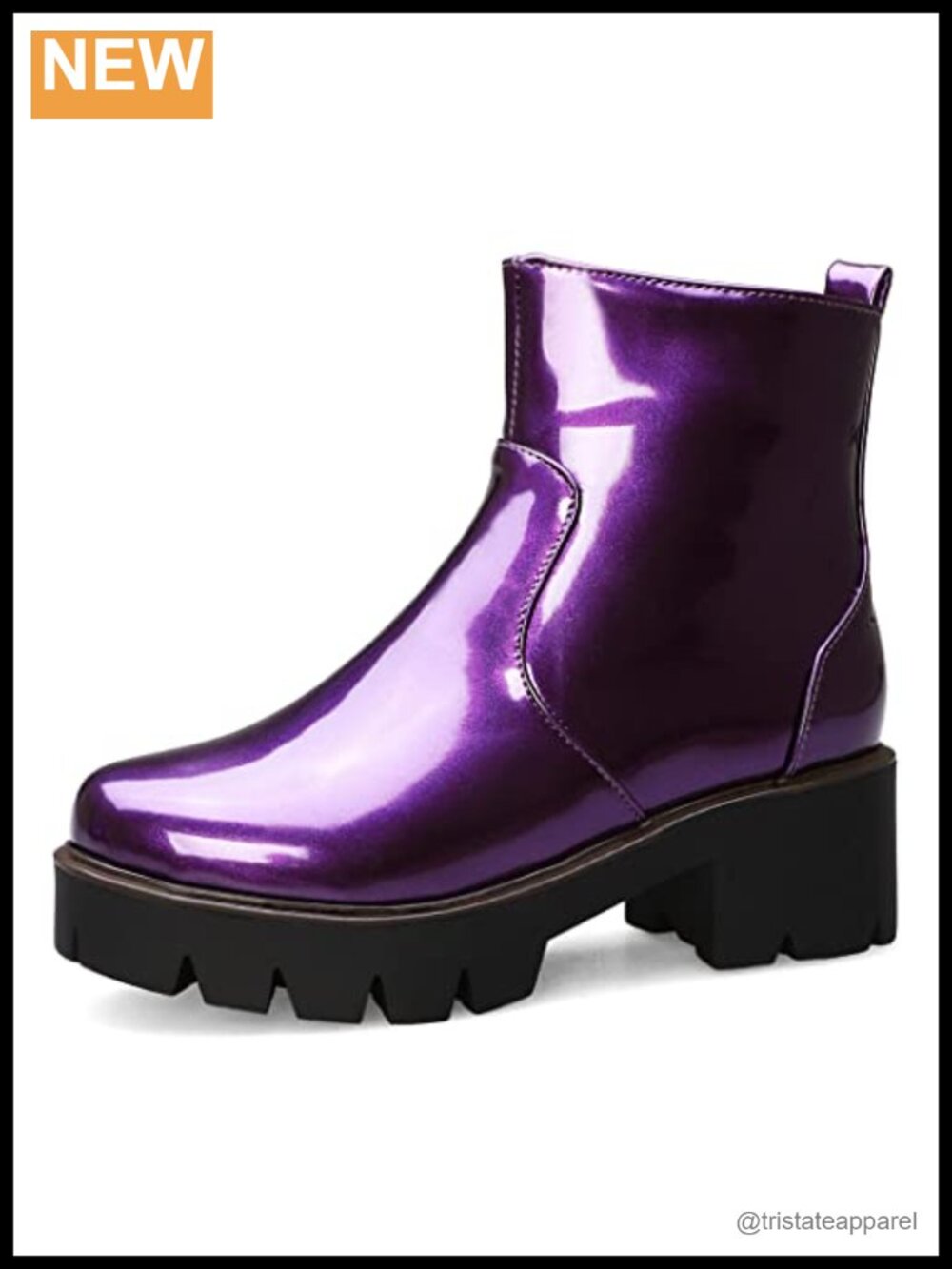 Chunky Mid Heel Ankle Boots Patent Leather Side Zipper Dressy Winter Booties